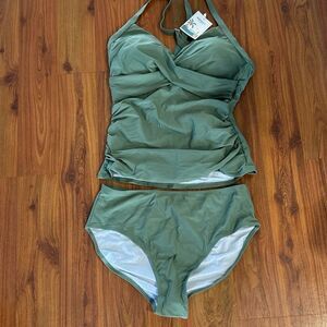 NWT B2Prity sage green two piece, ruched  swimsuit size m tankini